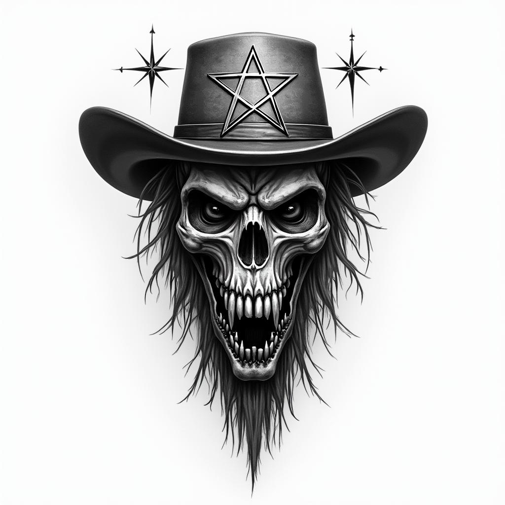 Western ridingcreepy horror tattoo style, featuring an eerie and unsettling skull of a demonic creature, distorted face with sharp fangs, add pentagram symbol - Variation 4