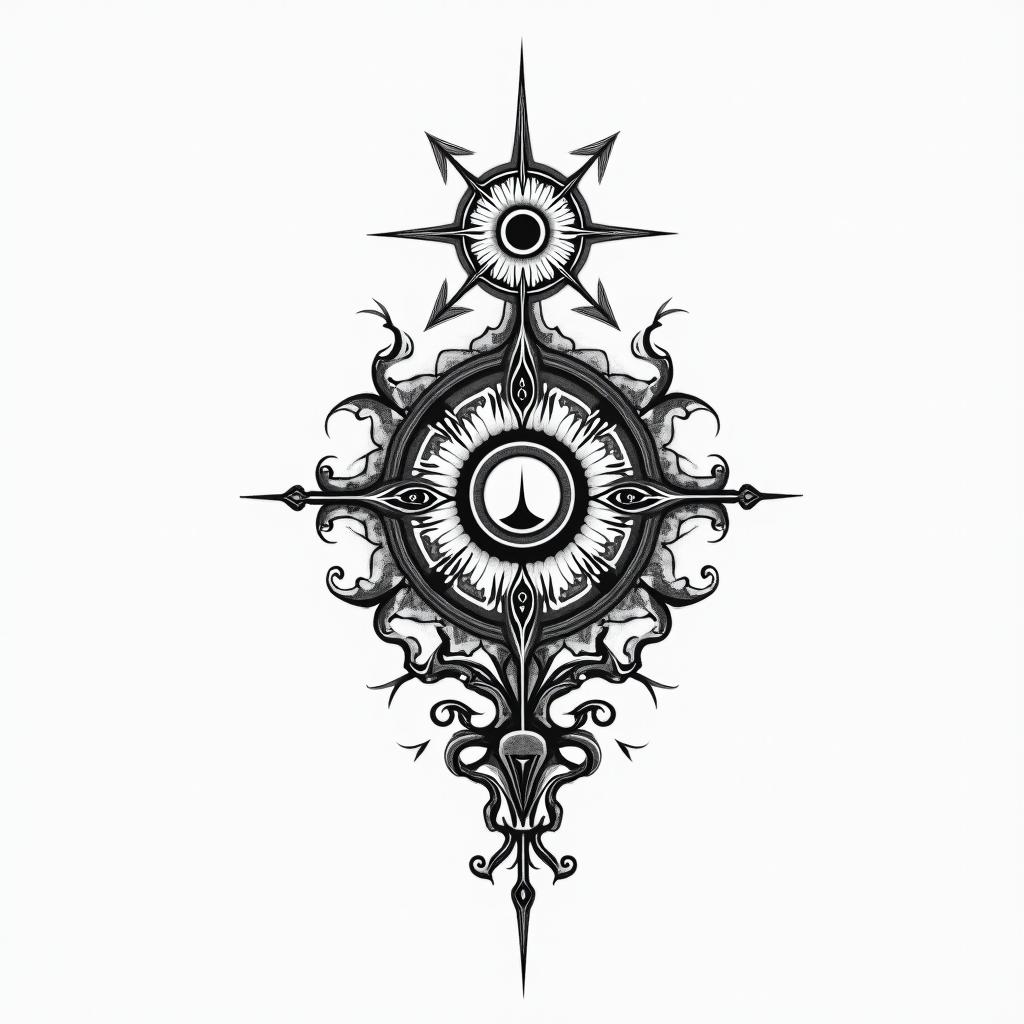 New beginnings, sad endingsin spiritual symbols tattoo style, featuring an intricate design incorporating elements, Hamsa hand, third eye, minimalist composition