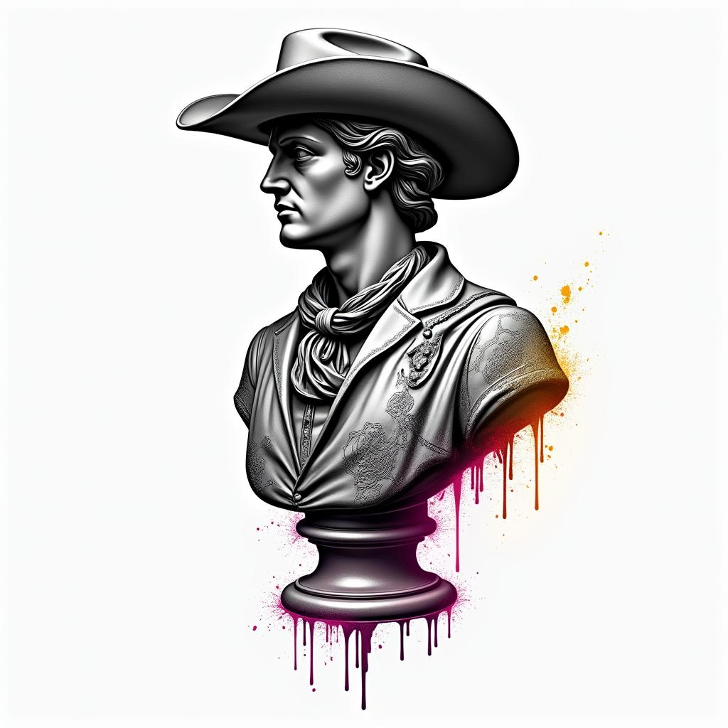Western ridingin distorted and fragmented tattoo design, featuring a classical statue bust, in a glitch art style with vibrant, overlapping colors of cyan, magenta, and yellow, creating a digital distortion effect