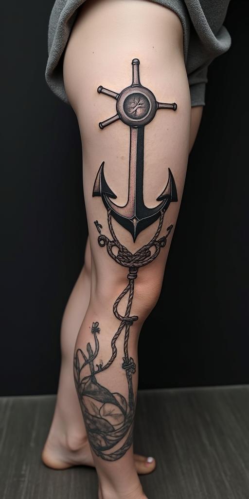 Anchor with nautical rope and compasshigly detailed tattoo - Variation 7