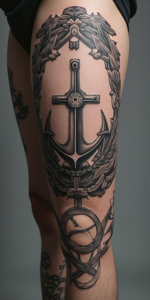 Anchor with nautical rope and compasshigly detailed tattoo - Variation 5