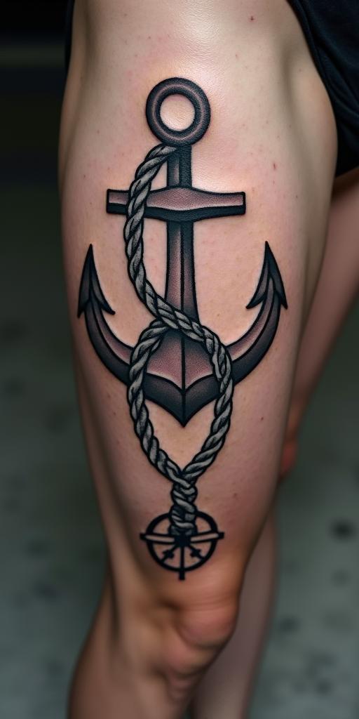 Anchor with nautical rope and compasshigly detailed tattoo - Variation 6