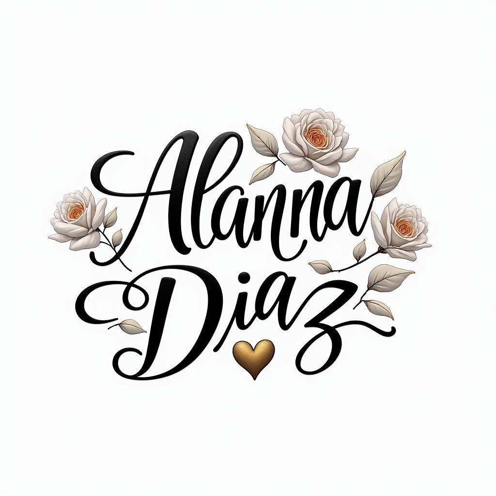 Alanna Diazin elegant cursive calligraphy style 2d tattoo, decorate with roses, featuring a smooth and flowing handwritten script with slightly thickened strokes for a luxurious and bold appearance,  heart symbol between names,  sleek and glossy black text with shadowing, minimalist matte white background, clean and sharp edges, illuminated with soft lighting, romantic, 8k, high-quality textures with refined typography - Variation 3