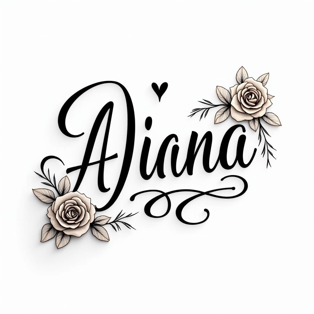 Alanna Diazin elegant cursive calligraphy style 2d tattoo, decorate with roses, featuring a smooth and flowing handwritten script with slightly thickened strokes for a luxurious and bold appearance,  heart symbol between names,  sleek and glossy black text with shadowing, minimalist matte white background, clean and sharp edges, illuminated with soft lighting, romantic, 8k, high-quality textures with refined typography - Variation 2