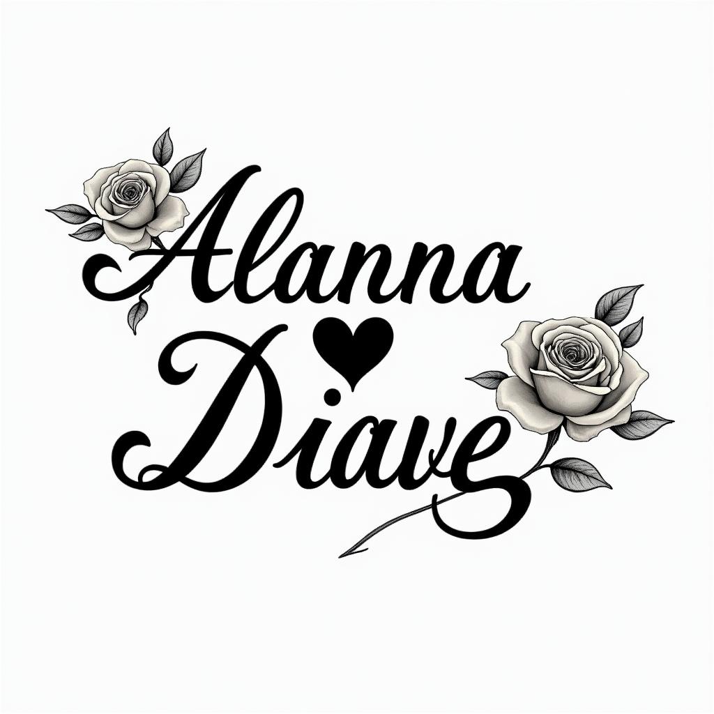 Alanna Diazin elegant cursive calligraphy style 2d tattoo, decorate with roses, featuring a smooth and flowing handwritten script with slightly thickened strokes for a luxurious and bold appearance,  heart symbol between names,  sleek and glossy black text with shadowing, minimalist matte white background, clean and sharp edges, illuminated with soft lighting, romantic, 8k, high-quality textures with refined typography