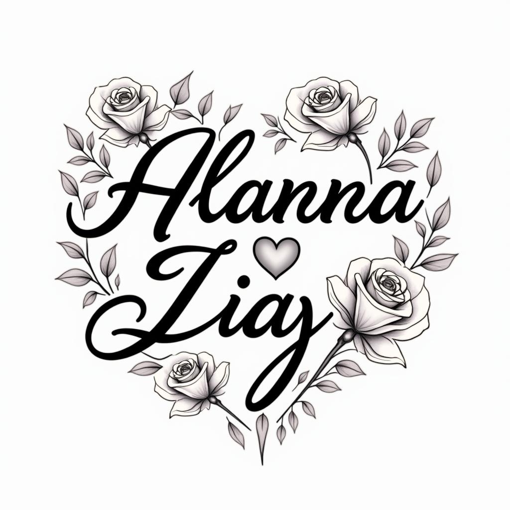 Alanna Diazin elegant cursive calligraphy style 2d tattoo, decorate with roses, featuring a smooth and flowing handwritten script with slightly thickened strokes for a luxurious and bold appearance,  heart symbol between names,  sleek and glossy black text with shadowing, minimalist matte white background, clean and sharp edges, illuminated with soft lighting, romantic, 8k, high-quality textures with refined typography - Variation 4