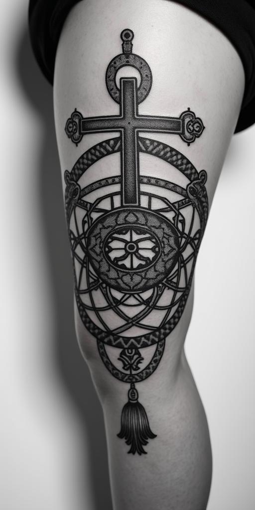 Anchor with nautical rope and compassin dotwork style tattoo, complex mandala patterns, interlocking geometric shapes with sharp symmetry, clean lines, sharp angles