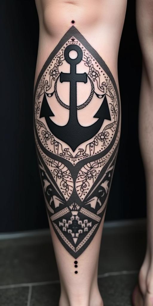 Anchor with nautical rope and compassin dotwork style tattoo, complex mandala patterns, interlocking geometric shapes with sharp symmetry, clean lines, sharp angles - Variation 3