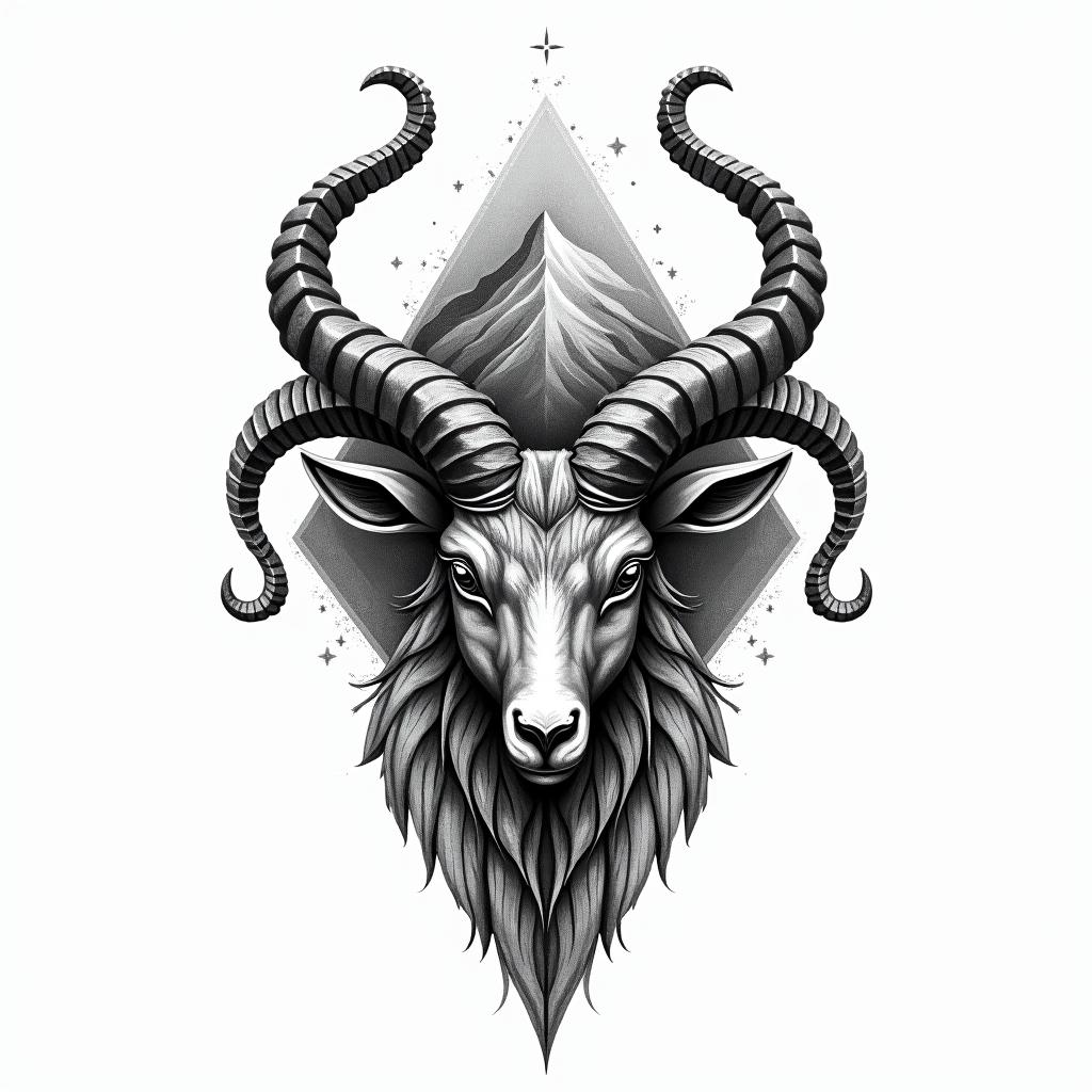 A powerful and imposing tattoo design featuring the Capricorn symbol, combined with elements that represent ambition and discipline, such as a majestic mountain or a strong goat. Incorporate the phrase "The world is mine" in an elegant font to emphasize strength and confidence. The overall design should reflect a sense of greatness and capability, embodying the transformative essence of turning 21, showcasing the client's birth year of 2003 and their Capricorn zodiac sign.higly detailed tattoo - Variation 2
