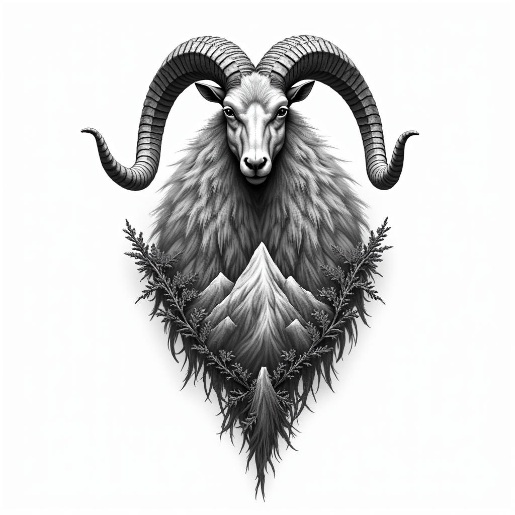 A powerful and imposing tattoo design featuring the Capricorn symbol, combined with elements that represent ambition and discipline, such as a majestic mountain or a strong goat. Incorporate the phrase "The world is mine" in an elegant font to emphasize strength and confidence. The overall design should reflect a sense of greatness and capability, embodying the transformative essence of turning 21, showcasing the client's birth year of 2003 and their Capricorn zodiac sign.higly detailed tattoo - Variation 4