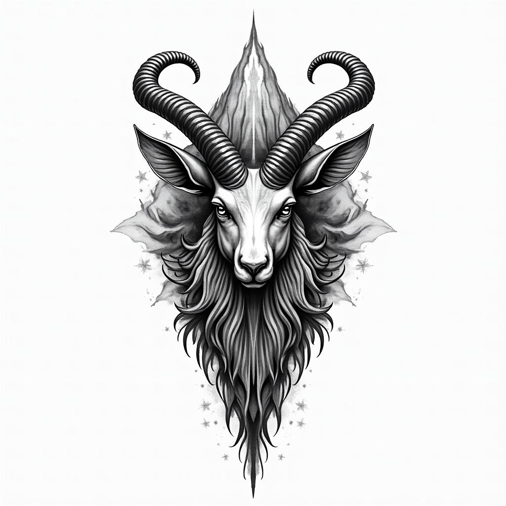 A powerful and imposing tattoo design featuring the Capricorn symbol, combined with elements that represent ambition and discipline, such as a majestic mountain or a strong goat. Incorporate the phrase "The world is mine" in an elegant font to emphasize strength and confidence. The overall design should reflect a sense of greatness and capability, embodying the transformative essence of turning 21, showcasing the client's birth year of 2003 and their Capricorn zodiac sign.higly detailed tattoo - Variation 1