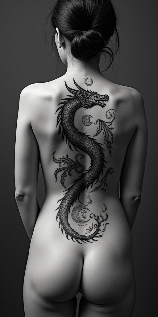 Dragonin paganic style tattoo, featuring ancient symbols, add vegvisir symbol, mystical figures, incorporating designs, pentagrams, runes, crescent moons,