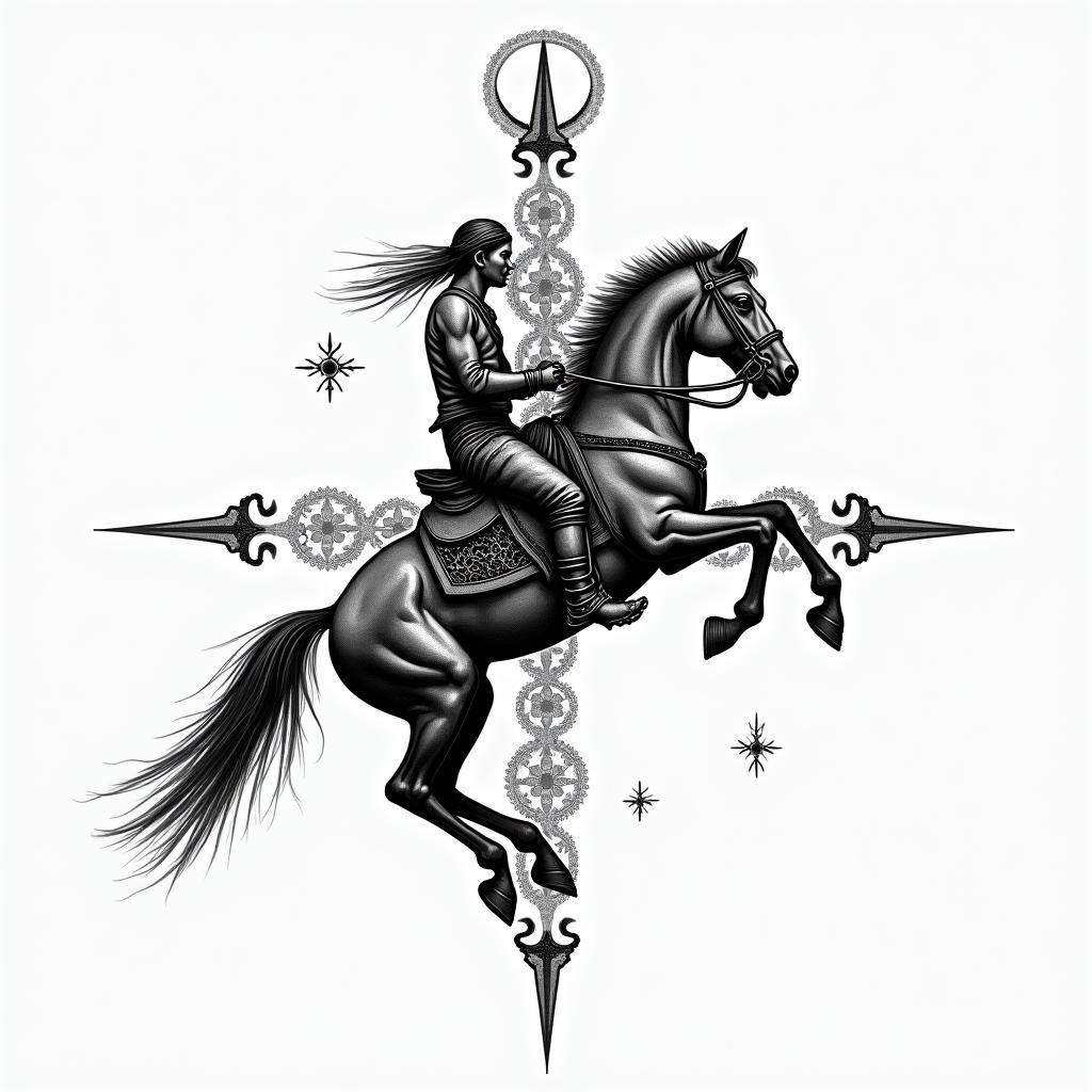 Western ridingin paganic style tattoo, featuring ancient symbols, add vegvisir symbol, mystical figures, incorporating designs, pentagrams, runes, crescent moons, - Variation 3