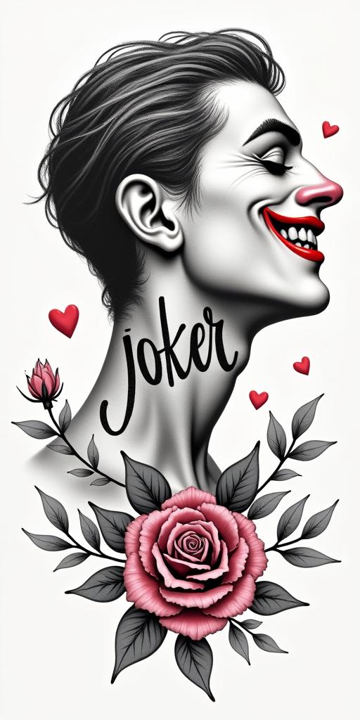 The Joker with a menacing
 smilein elegant cursive calligraphy style 2d tattoo, decorate with roses, featuring a smooth and flowing handwritten script with slightly thickened strokes for a luxurious and bold appearance,  heart symbol between names,  sleek and glossy black text with shadowing, minimalist matte white background, clean and sharp edges, illuminated with soft lighting, romantic, 8k, high-quality textures with refined typography - Variation 2