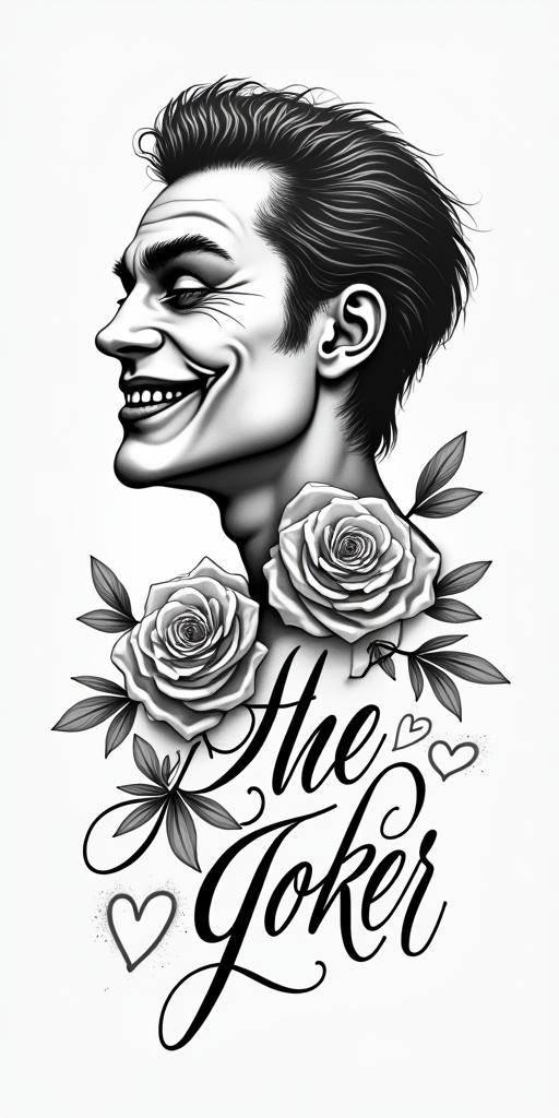The Joker with a menacing
 smilein elegant cursive calligraphy style 2d tattoo, decorate with roses, featuring a smooth and flowing handwritten script with slightly thickened strokes for a luxurious and bold appearance,  heart symbol between names,  sleek and glossy black text with shadowing, minimalist matte white background, clean and sharp edges, illuminated with soft lighting, romantic, 8k, high-quality textures with refined typography - Variation 4