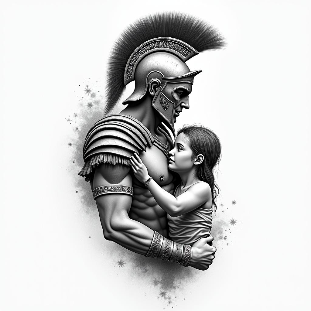 A powerful and protective Spartan warrior symbolizing strength and resilience, intertwined with elements representing love and connection to a six-year-old daughter named Anika. The design should convey a sense of overcoming adversity, reflecting the importance of family and personal growth after facing a health challenge.higly detailed tattoo - Variation 1