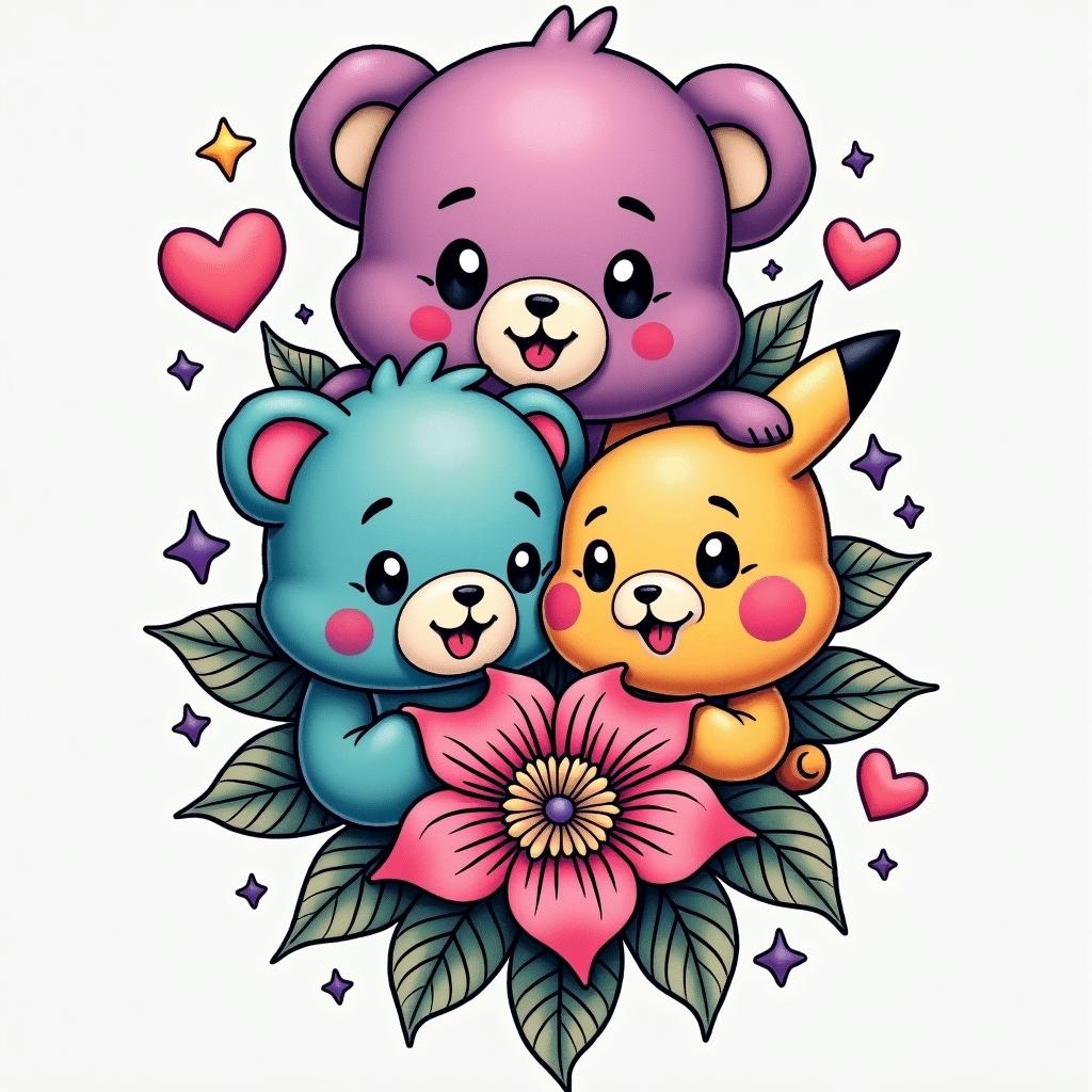 Create a tattoo sleeve using funshine, love a lot, and grumpy carebears, a gummy bear, Lisa frank, my little pony, kirlia the Pokémon, a cute pikachu, Kirby, dinosaurs, teal purple pink and yellow stars and hearts. Add all charactershigly detailed tattoo - Variation 2