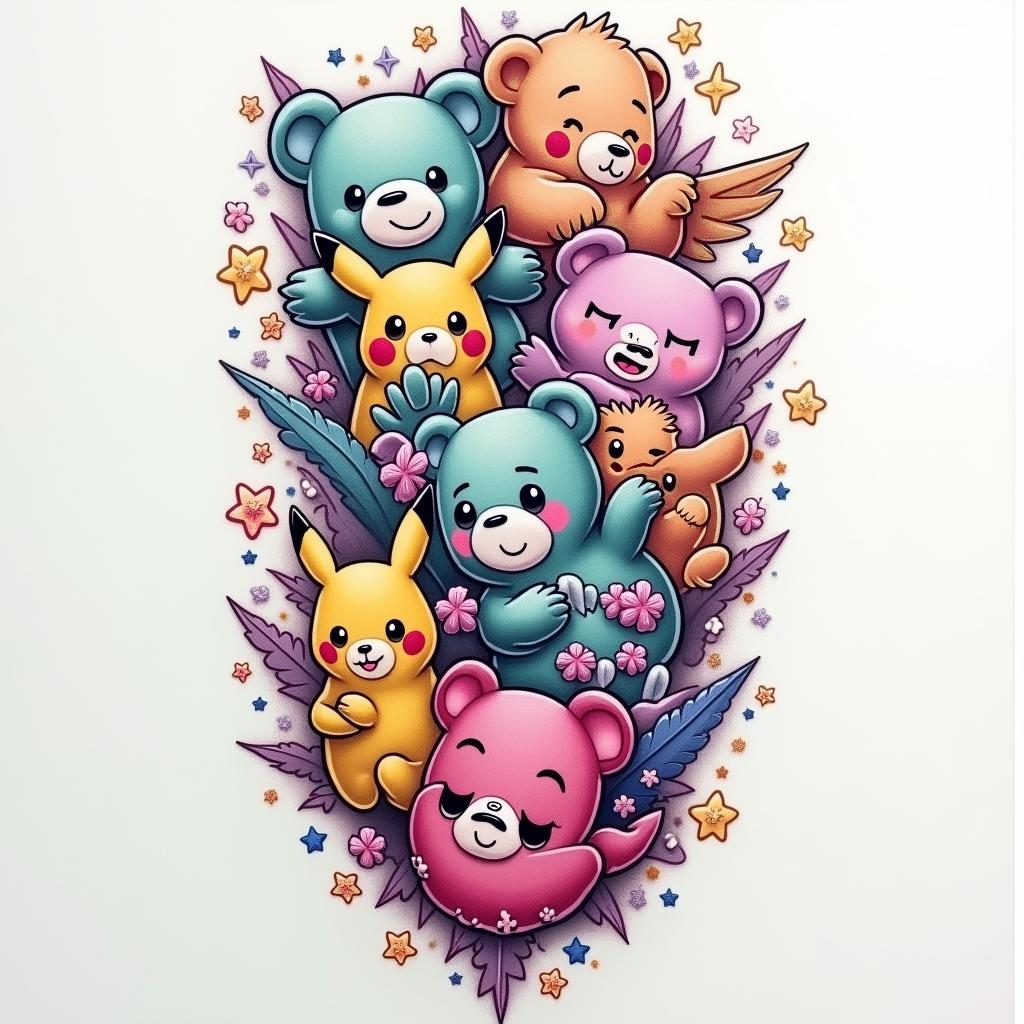 Create a tattoo sleeve using funshine, love a lot, and grumpy carebears, a gummy bear, Lisa frank, my little pony, kirlia the Pokémon, a cute pikachu, Kirby, dinosaurs, teal purple pink and yellow stars and hearts. Add all charactershigly detailed tattoo - Variation 3