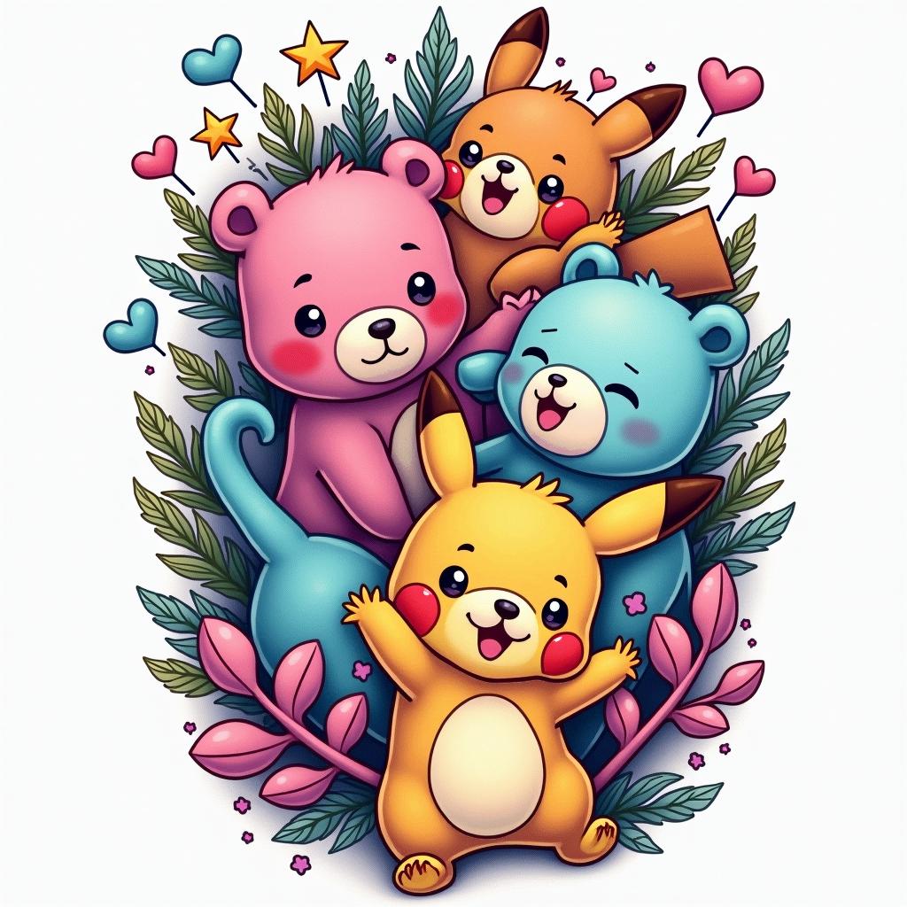 Create a tattoo sleeve using funshine, love a lot, and grumpy carebears, a gummy bear, Lisa frank, my little pony, kirlia the Pokémon, a cute pikachu, Kirby, dinosaurs, teal purple pink and yellow stars and hearts. Add all charactershigly detailed tattoo