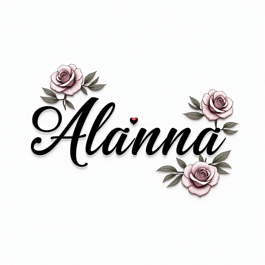 Alannain elegant cursive calligraphy style 2d tattoo, decorate with roses, featuring a smooth and flowing handwritten script with slightly thickened strokes for a luxurious and bold appearance,  heart symbol between names,  sleek and glossy black text with shadowing, minimalist matte white background, clean and sharp edges, illuminated with soft lighting, romantic, 8k, high-quality textures with refined typography - Variation 8