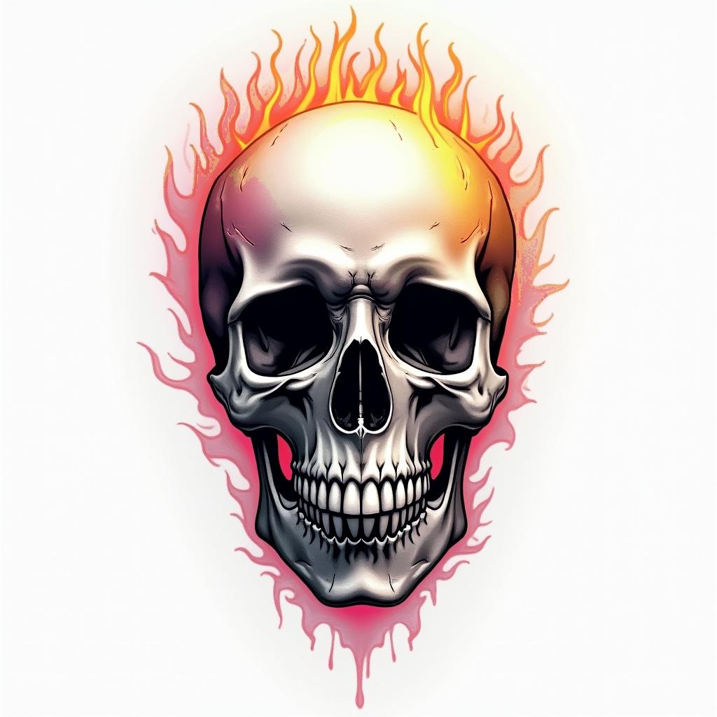 Rainbow Flaming skullhigly detailed tattoo
