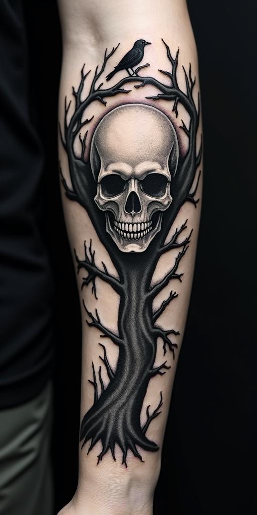 Tree with crowscreepy horror tattoo style, featuring an eerie and unsettling skull of a demonic creature, distorted face with sharp fangs, add pentagram symbol - Variation 4