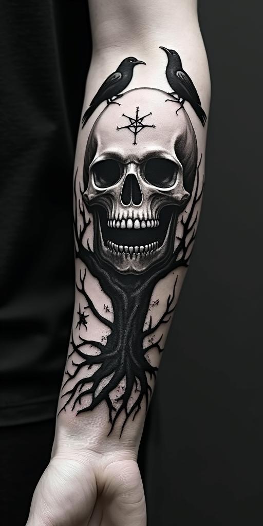 Tree with crowscreepy horror tattoo style, featuring an eerie and unsettling skull of a demonic creature, distorted face with sharp fangs, add pentagram symbol - Variation 3