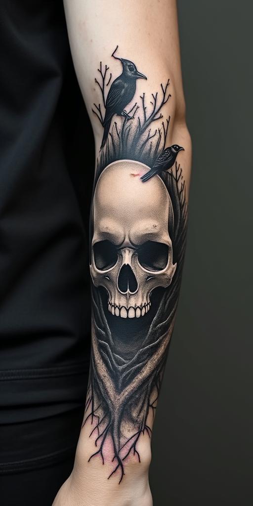 Tree with crowscreepy horror tattoo style, featuring an eerie and unsettling skull of a demonic creature, distorted face with sharp fangs, add pentagram symbol - Variation 2
