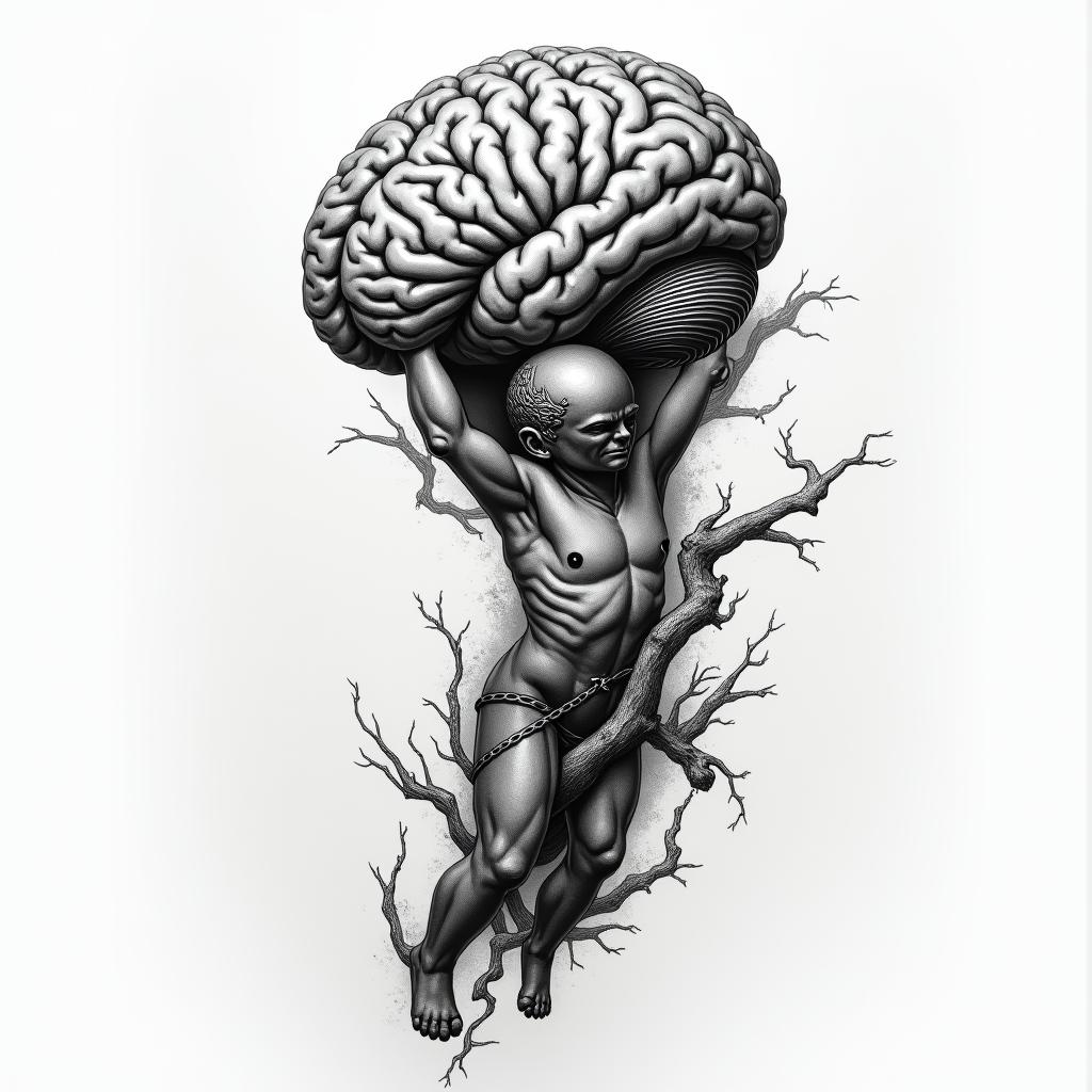 Atlas holding brain uphigly detailed tattoo - Variation 3