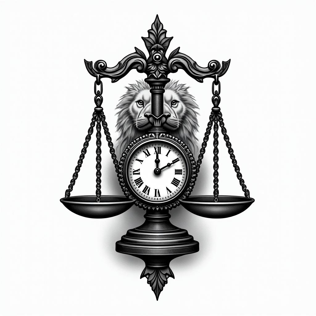 The scales of justice intertwined with a water clock and a lion in the backgroundhigly detailed tattoo