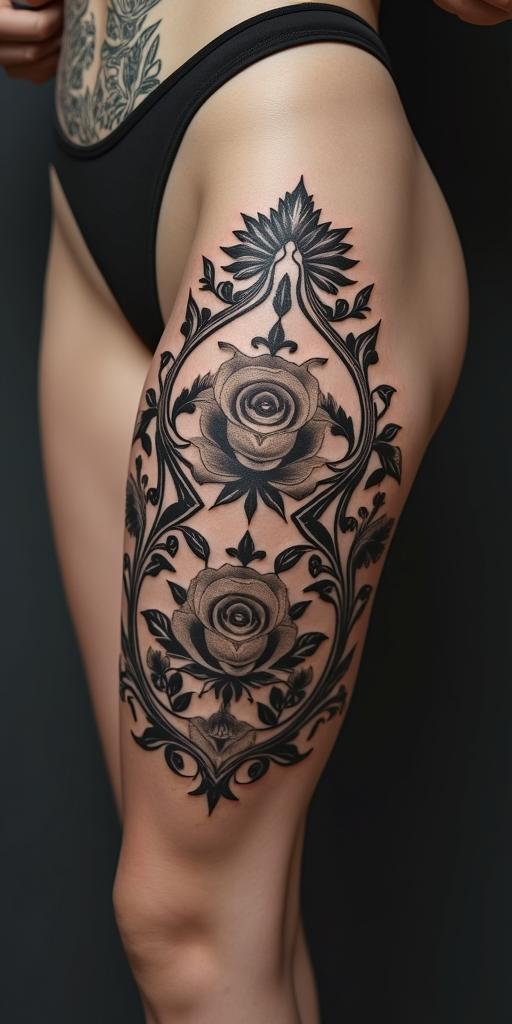 Ochoa family crestin victorian style tattoo, featuring vintage and elegant elements, ornate frames, roses, antique, sepia-toned color scheme - Variation 2