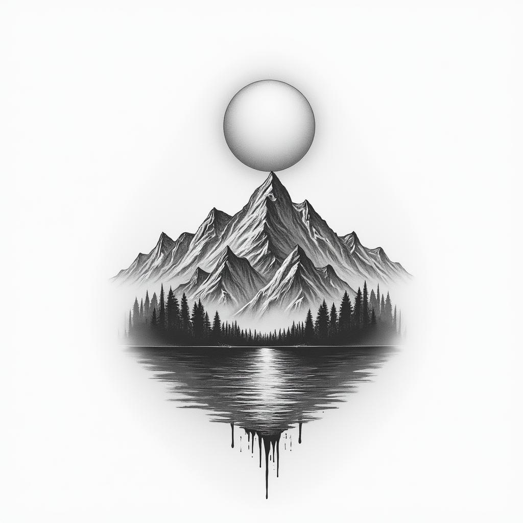 Mountain range with a rising sunhigly detailed tattoo - Variation 3