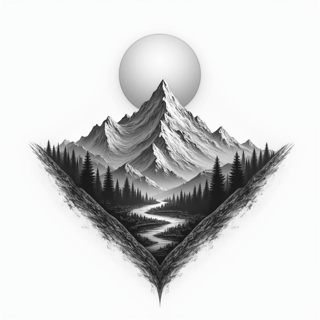 Mountain range with a rising sunhigly detailed tattoo - Variation 2
