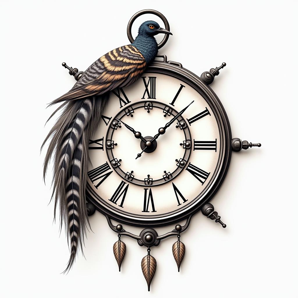 Clock, pheasant feather, horse shoes, colorhigly detailed tattoo - Variation 7
