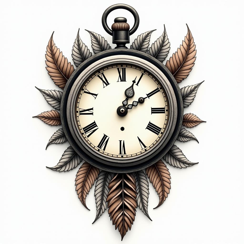 Clock, pheasant feather, horse shoes, colorhigly detailed tattoo - Variation 8