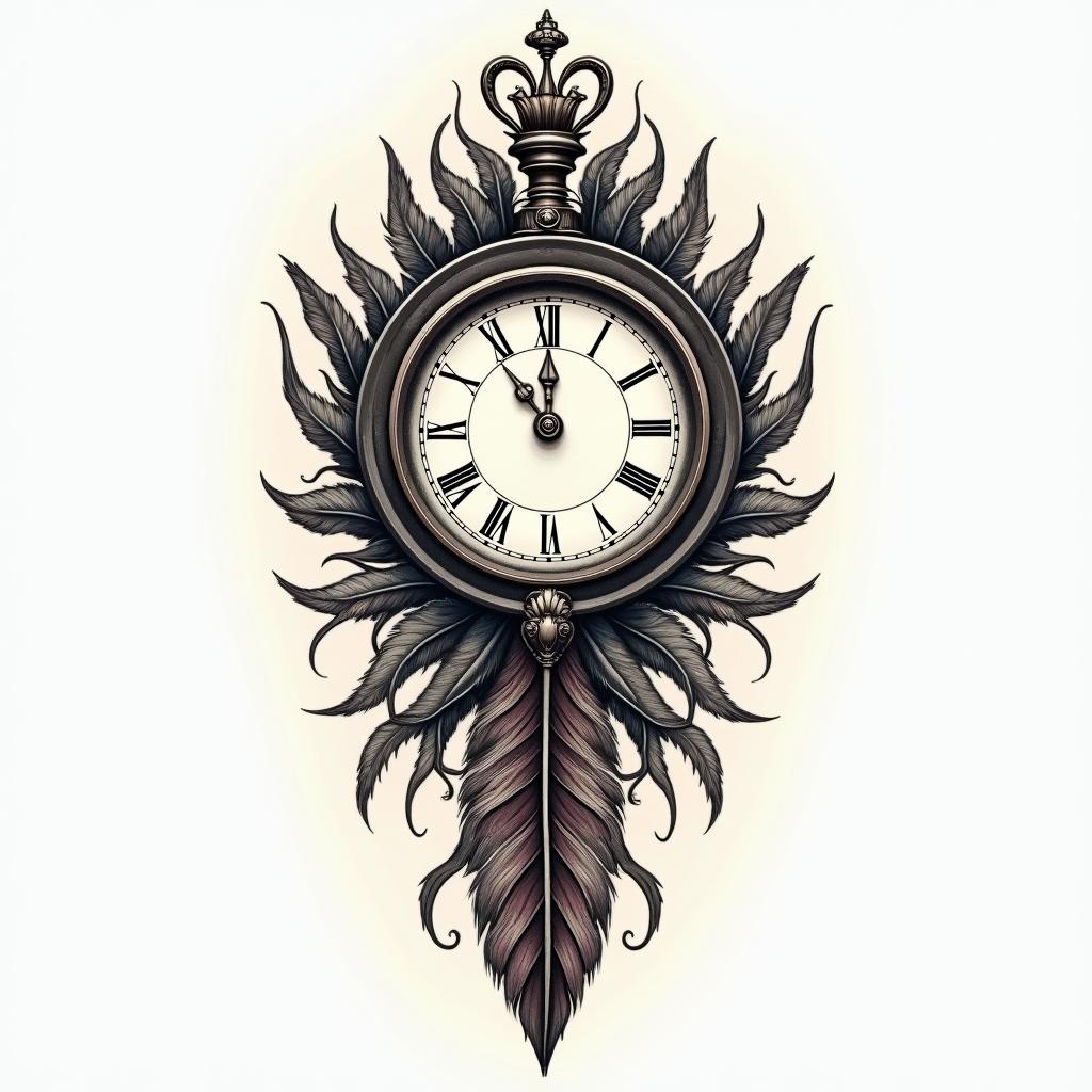 Clock, pheasant feather, horse shoes, colorhigly detailed tattoo - Variation 6