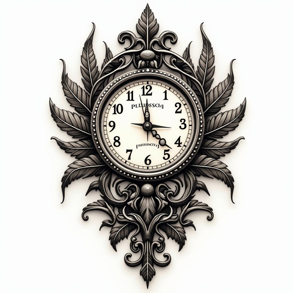 Clock, pheasant feather, horse shoes, colorhigly detailed tattoo - Variation 5