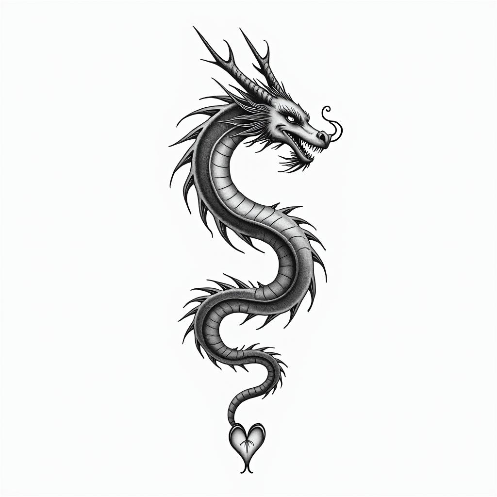 Dragonin Modest style tattoo, featuring soft, delicate line work with simple and meaningful symbols, gentle waves, a heart, evoking a sense of serenity and grace,