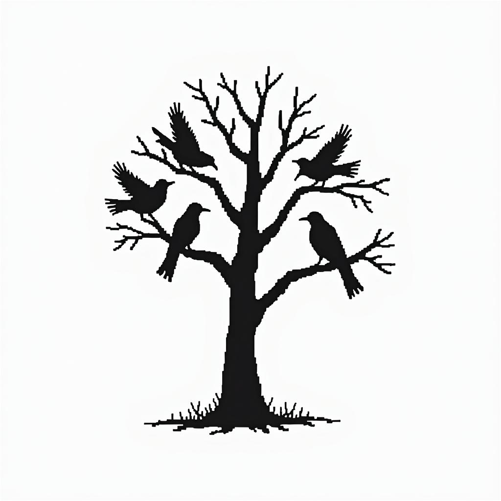 Tree with crowsin 8-bit tattoo style, minimalistic pixel style tattoo, pixel art with simplified shapes and retro gaming visuals, inspired by 8-bit pixel based detailing