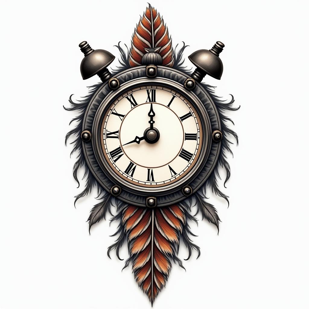 Clock, pheasant feather, horse shoes, colorhigly detailed tattoo - Variation 2