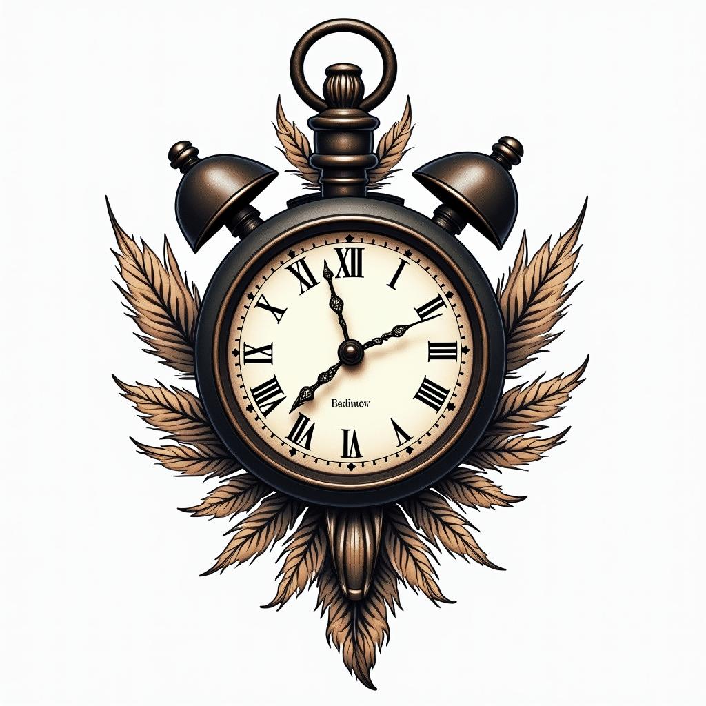 Clock, pheasant feather, horse shoes, colorhigly detailed tattoo - Variation 4