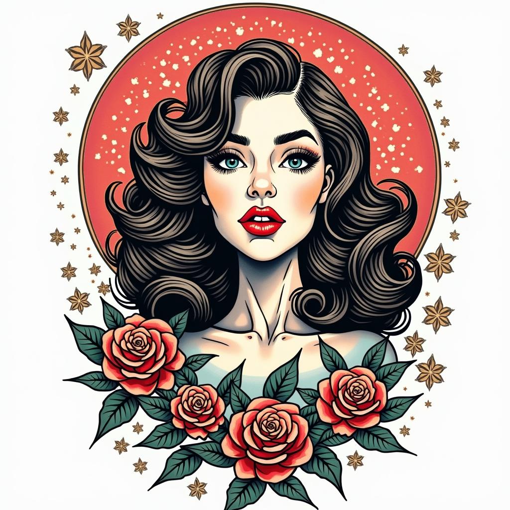 Karen Madrid, Aquarius, Cartagenain pop art style tattoo, featuring bold and vibrant colors, exaggerated outlines, iconic imagery, inspired by comic books and speech bubbles, comic book characters, retro pop culture