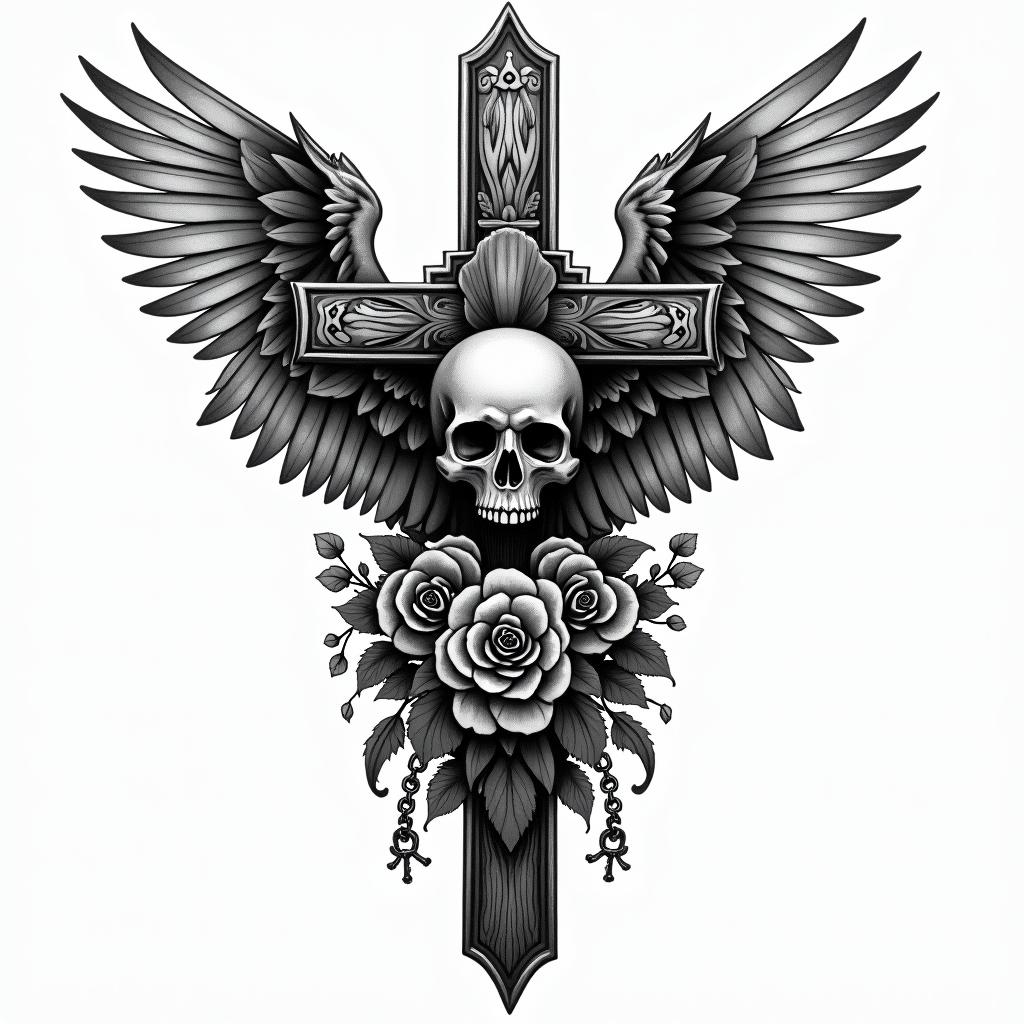 Hawkin chicano style tattoo, featuring intricate black and grey shading, bold elements of traditional chicano culture symbols, add a big cross with skull, chains and roses - Variation 2