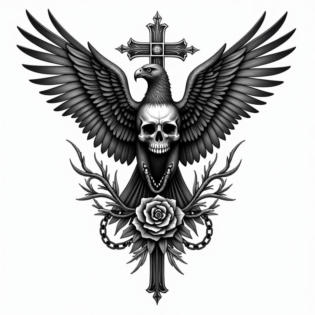 Hawkin chicano style tattoo, featuring intricate black and grey shading, bold elements of traditional chicano culture symbols, add a big cross with skull, chains and roses