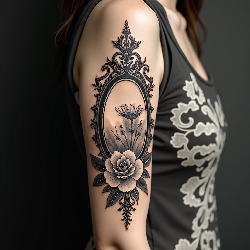 I want a tattoo that can cover a small scar.in victorian style tattoo, featuring vintage and elegant elements, ornate frames, roses, antique, sepia-toned color scheme