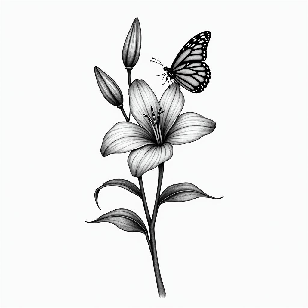 Lily of the valley with butterflyhigly detailed tattoo - Variation 2