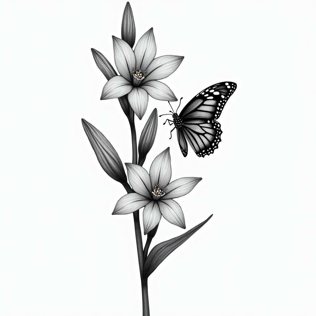 Lily of the valley with butterflyhigly detailed tattoo - Variation 4