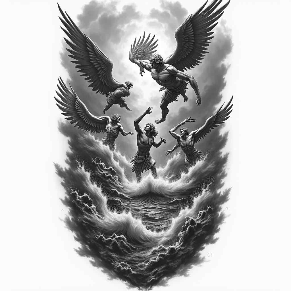 A powerful tattoo depicting a dynamic battle scene inspired by Greek mythology, showcasing the gods Zeus, Athena, Ares, Hermes, and Poseidon in conflict with angels. Elements of struggle, triumph, sadness, and anger are portrayed, with stormy skies, ocean waves, and mountainous landscapes intensifying the emotions. The style is a blend of realistic and abstract, capturing the raw energy of the fight and the contrasting feelings of victory and despair.higly detailed tattoo - Variation 4