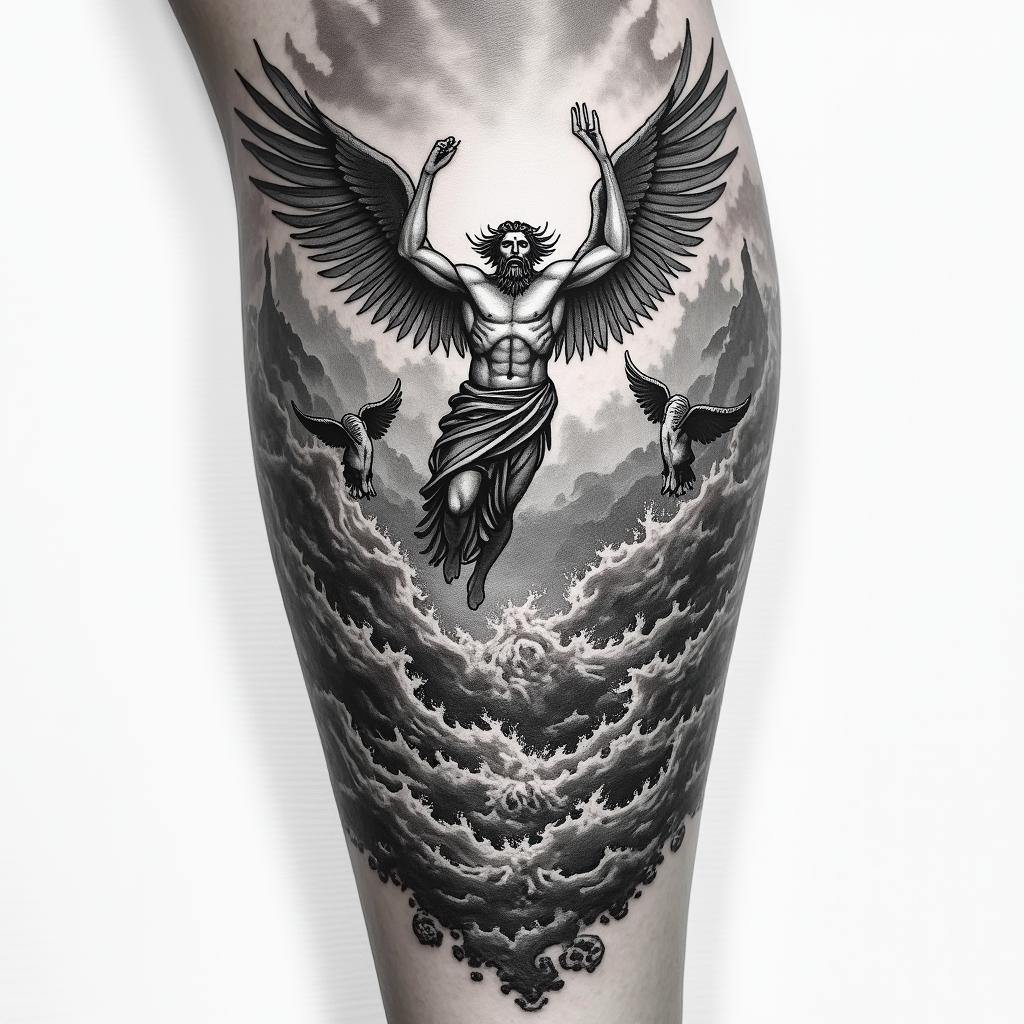A powerful tattoo depicting a dynamic battle scene inspired by Greek mythology, showcasing the gods Zeus, Athena, Ares, Hermes, and Poseidon in conflict with angels. Elements of struggle, triumph, sadness, and anger are portrayed, with stormy skies, ocean waves, and mountainous landscapes intensifying the emotions. The style is a blend of realistic and abstract, capturing the raw energy of the fight and the contrasting feelings of victory and despair.higly detailed tattoo - Variation 3