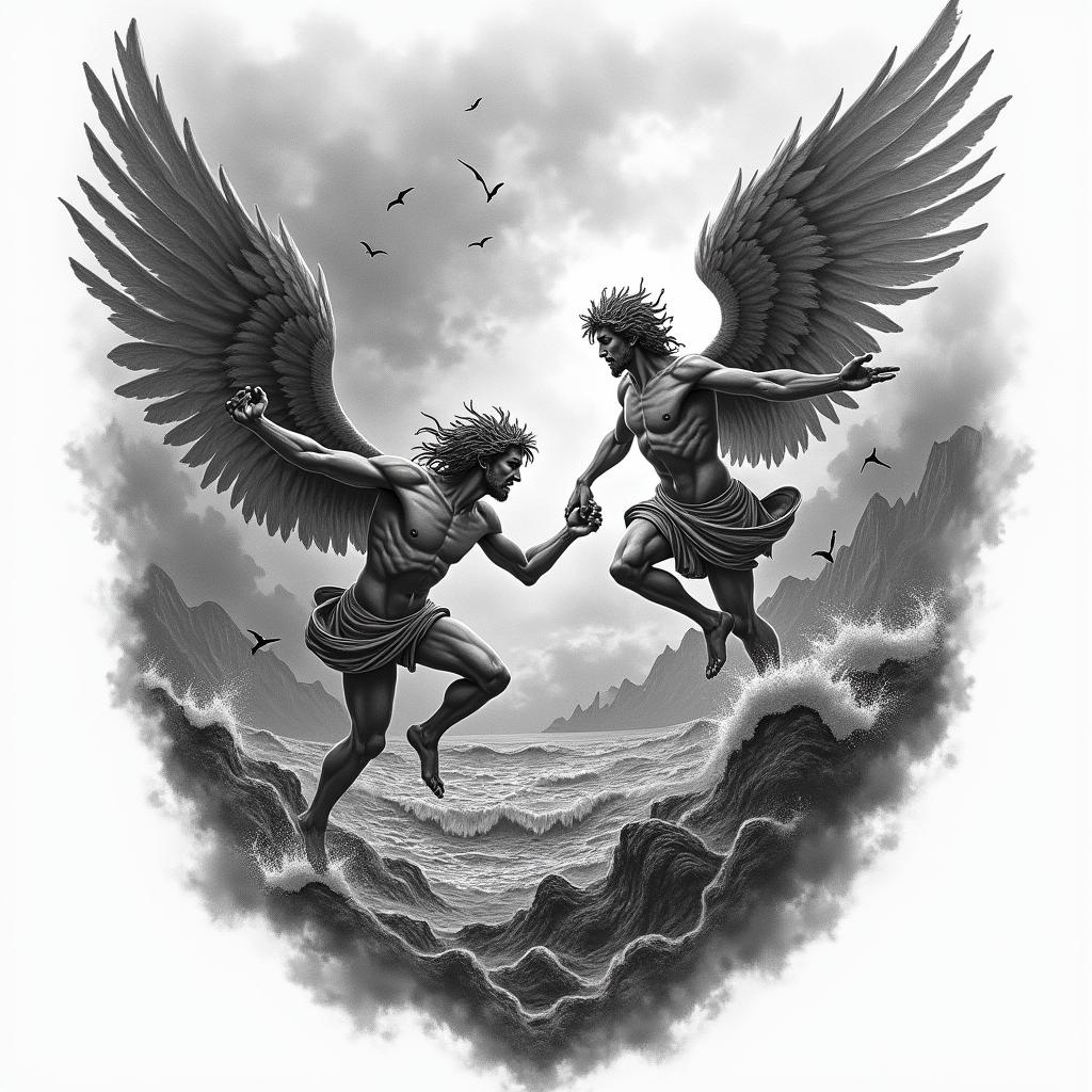 A powerful tattoo depicting a dynamic battle scene inspired by Greek mythology, showcasing the gods Zeus, Athena, Ares, Hermes, and Poseidon in conflict with angels. Elements of struggle, triumph, sadness, and anger are portrayed, with stormy skies, ocean waves, and mountainous landscapes intensifying the emotions. The style is a blend of realistic and abstract, capturing the raw energy of the fight and the contrasting feelings of victory and despair.higly detailed tattoo